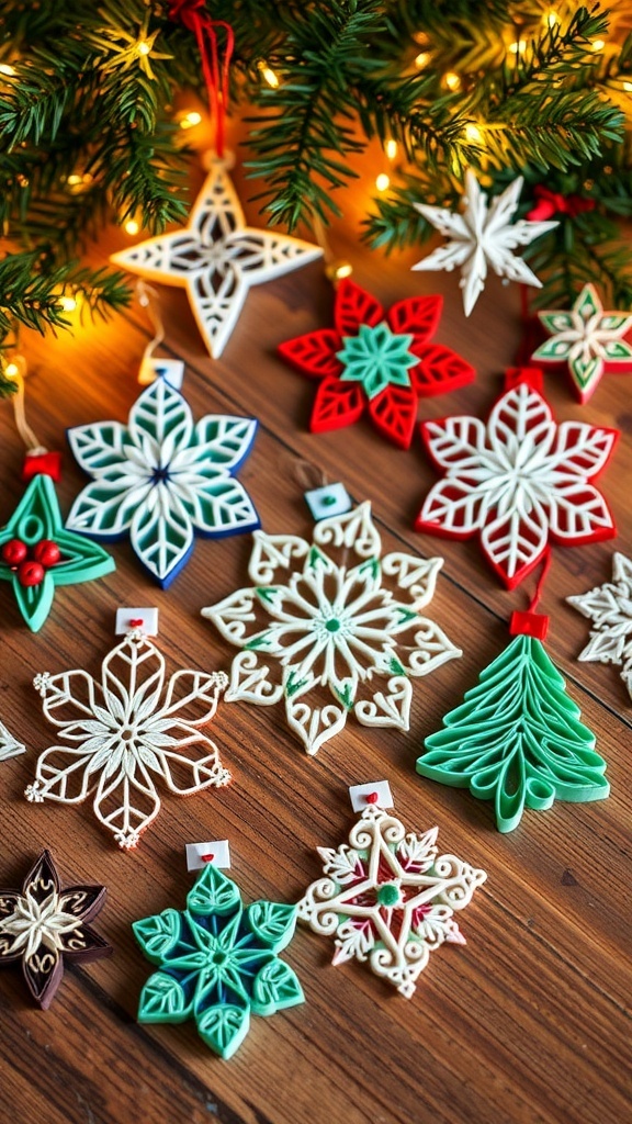 Colorful quilled Christmas ornaments in star, snowflake, and tree shapes on a wooden table with festive lights.